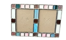 Vintage Stained Glass Hand Made Double Picture Frame  3.5”x 2.58” Blues Pink