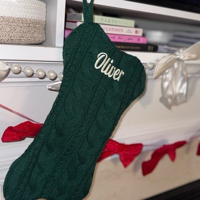 Personalized Green Knit Dog Bone Christmas Stocking   Monogrammed ''Oliver''