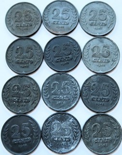 Zinken Kwartje / 25 Cent 1942 Lot van 12 stuks
