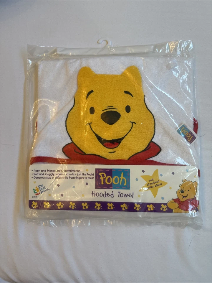 First Years Years Disney Winnie the Pooh Baby Hooded Towel White Red Trim VTG90s - Image 2 of 4