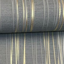 Charcoal Grey Gold Metallic Stripe Textured Blown Vinyl Wallpaper Feature Dark 