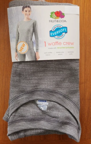 Fruit of the Loom Women's Eversoft GRAY Waffle Crew Shirt Thermal Top Base Layer