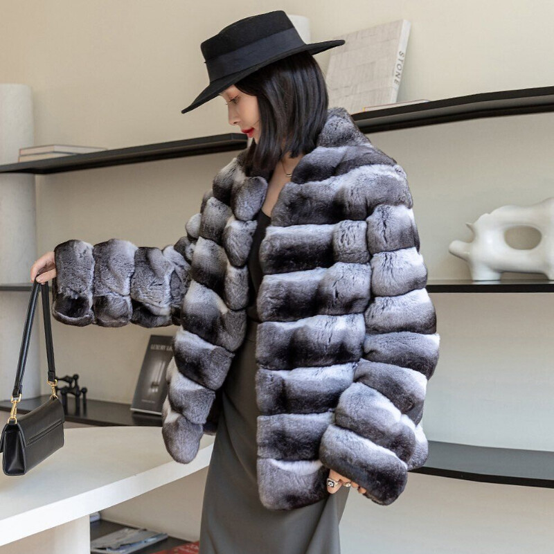 New Women's Real Rex Rabbit Fur Coat Chinchilla Jacket Winter Full Pelt Overcoat