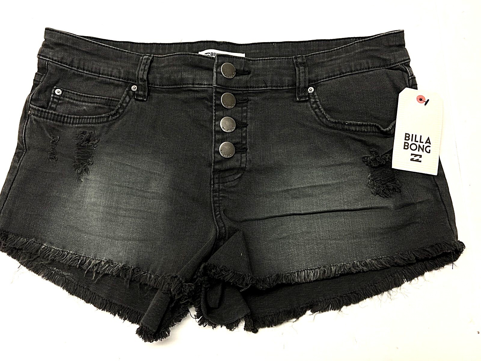 Pantaloncini Billabong $60 con bottoni nuovi con etichette taglia 29 30 cut off sfilacciati neri invecchiati