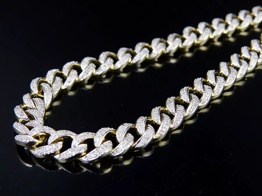 Mens 10K Yellow Gold Miami Cuban Link 7 MM Diamond Chain Necklace