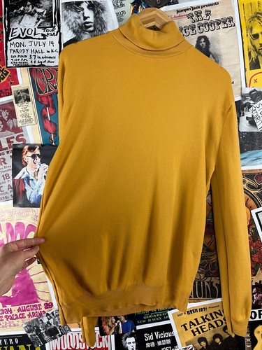 Vtg Mens Retro 60s Mustard Ylw Ribbed Turtleneck Mod Pullover Shirt Large Disco - Picture 4 of 14
