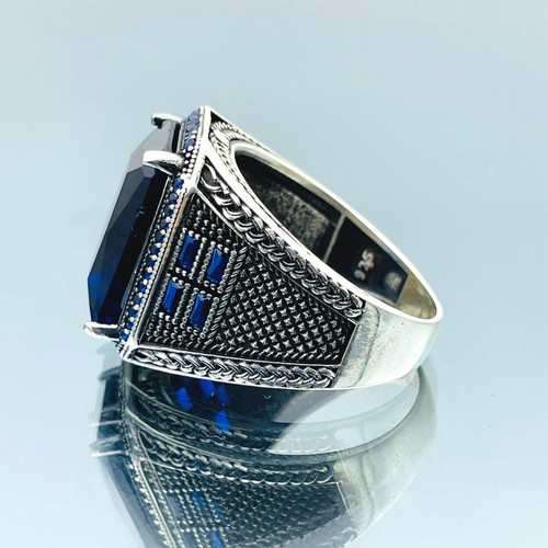 Men Simulated Blue Sapphire Stone Ring 925 Sterling Silver Turkish Ring Gift Him - Picture 6 of 10