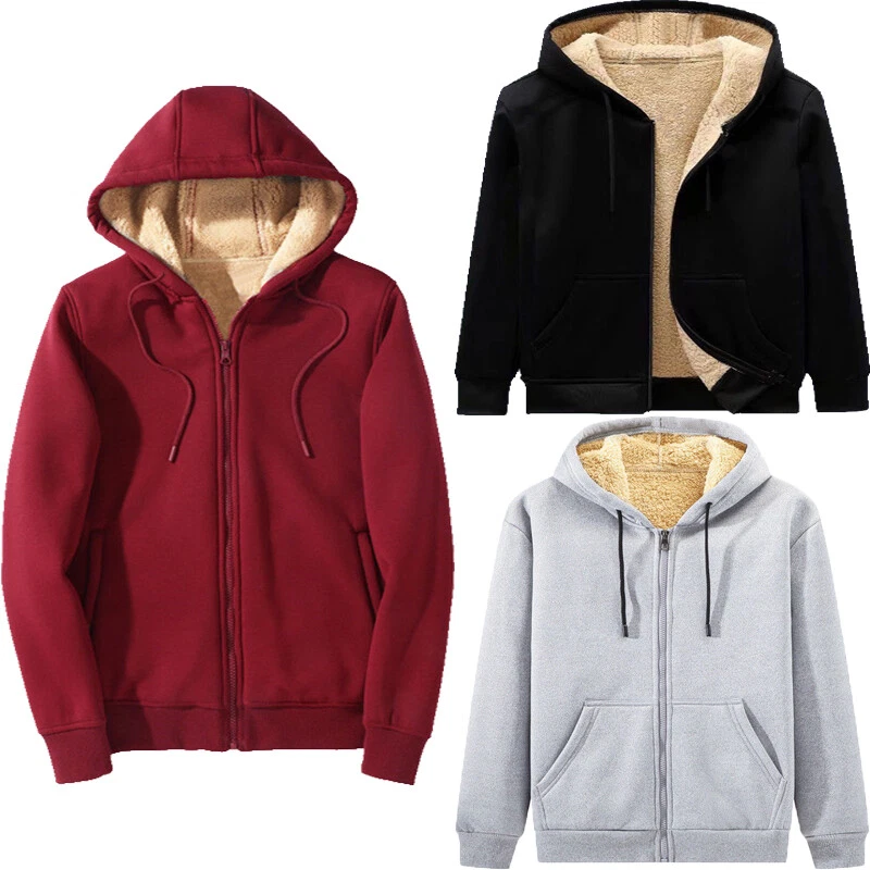 Men Hooded Fleece Fur Hoodie Sweatshirt Outwear Winter Warm Zip Up Coat Jacket