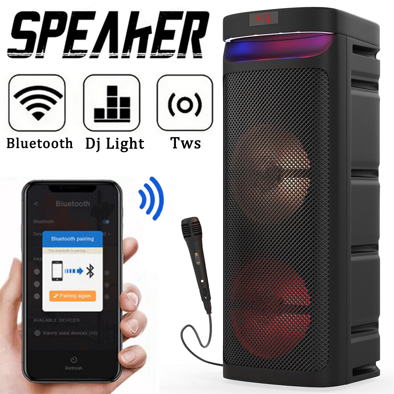 Dual 10" Portable Bluetooth Party Speaker Subwoofer Heavy Bass Sound System+ Mic