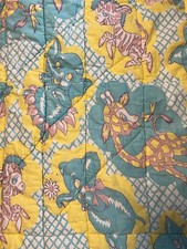 VINTAGE BABY QUILT Handmade BED Blanket ELEPHANT GIRAFFE YELLOW TURQ BLUE LAP