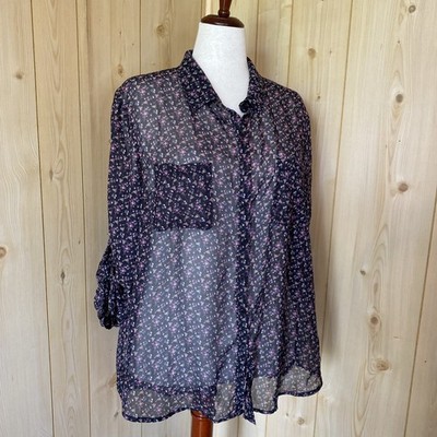 Xhilaration Sheer Ditsy Floral Button Down Blouse Roll Tab Sleeves XL