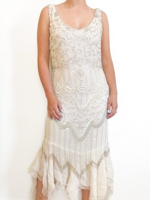 Oleg Cassini Vintage Beaded Cream Midi Wedding Evening Art Deco Dress Size 4