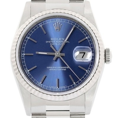 Rolex Datejust 18K Weiss Gold & Ss Ziffernblatt Blau Auster Armbanduhr 16234