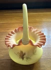 Vaseline Glass Basket FENTON BURMESE Autumn Leaves 7.5"h x 5 Nice Glow!