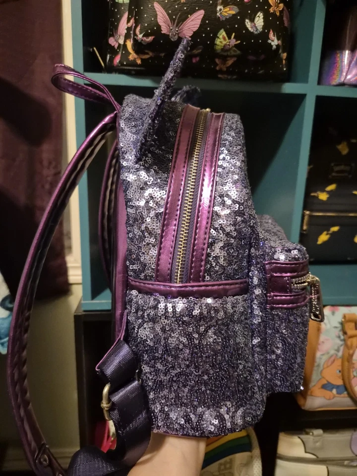 Disney Parks Loungefly Purple Minnie Ears Sequin Mini Backpack Bag READ DESC - Image 2 of 4