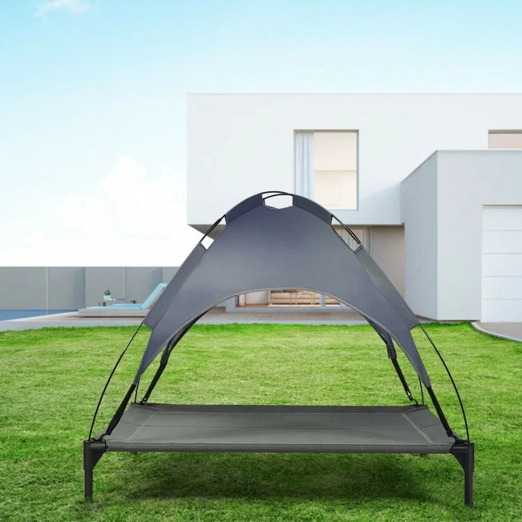 Portable Elevated Dog Cot Outdoor Cooling Pet Bed w/ Removable Canopy Shade