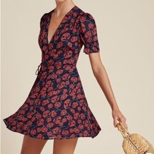 REFORMATION NAVY BLUE RED FLORAL MINI WRAP DRESS SIZE S