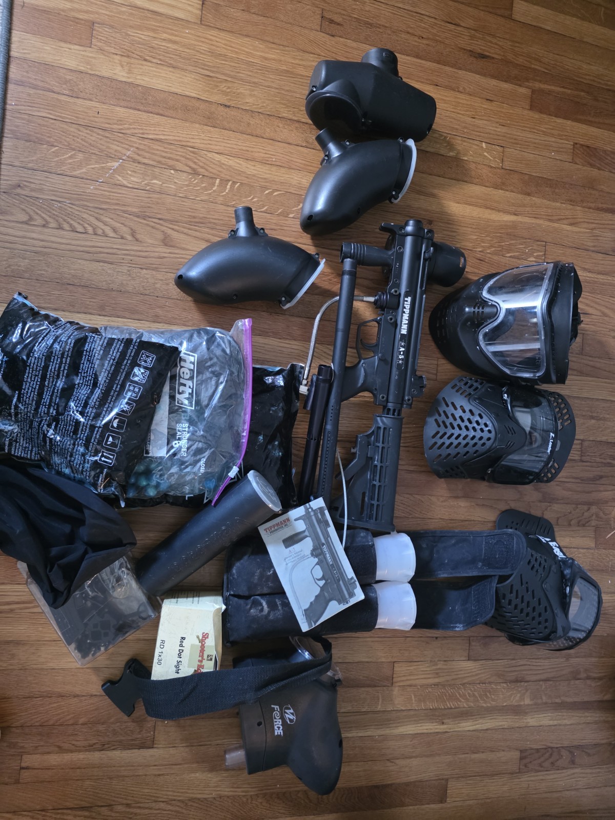 Tippmann A5 Paintball Gun, Hopper, Tank, And Clothing Starter Kit Bundle