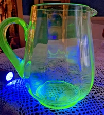 Vintage '30's Green Uranium Glass Water Pitcher w/ Handle Ribbed