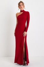 Lulus Keep It Interesting Burgundy One-Shoulder Cutout Stretch Maxi Gown Dress L