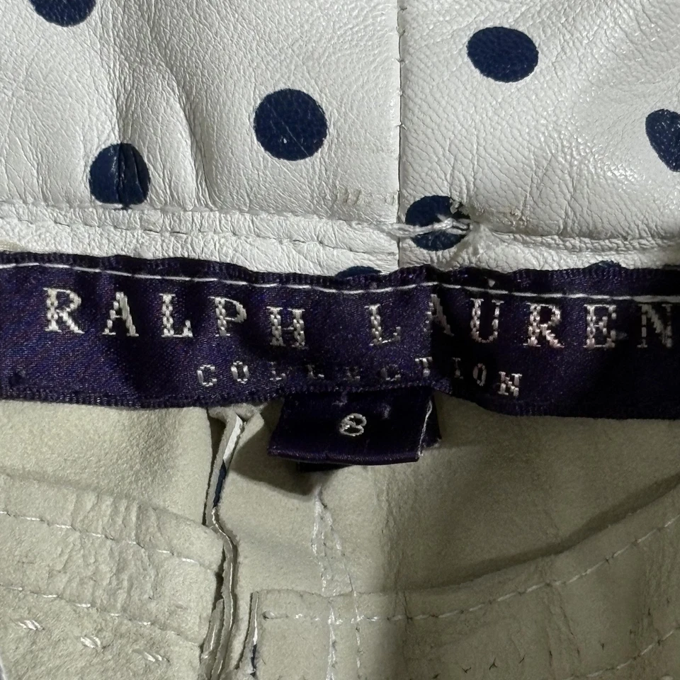 Pantalones Colección Ralph Lauren Mujer 8 Blanco Púrpura Etiqueta Lunares Cuero Foto 3 de 4