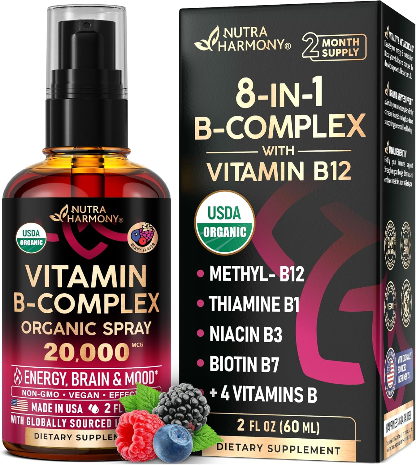 USDA Organic Vitamin B-Complex Liquid Spray 8-In-1 - B5 Pantothenic Acid | B12 M
