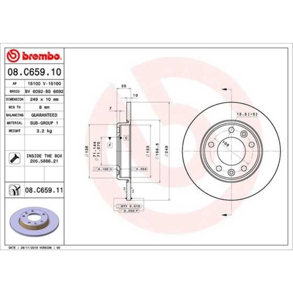 Brembo 2X Bremsscheibe Hinten Ø249 Mm Beschichtet FüR Peugeot 308 Sw Ii Lc_ 1.5-image