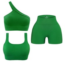 Womens 3 Piece Workout Sets - Seamless Ribbed Yoga Outfits Sports Bra Shoulde...