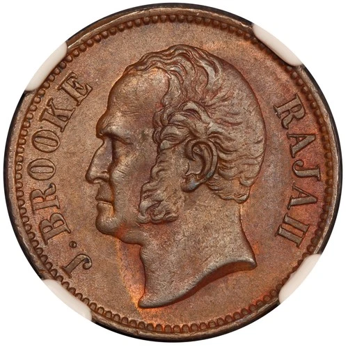 1863 Sarawak 1/2 Half Cent Coin - NGC AU 58 BN - KM #2