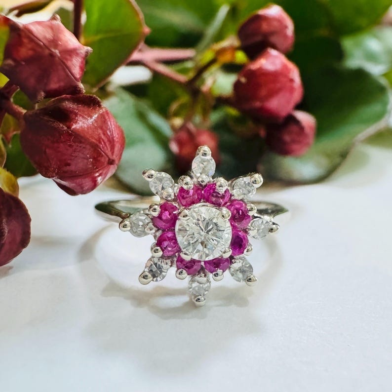 Natural Diamond & Ruby Solid 14k White Gold Doubl… - image 1