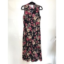 Vintage 90s Bentley Floral Maxi Dress Sleeveless Button Front Black Pink Size 14