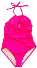 Tempt Me Swimsuit Womens XL Neon Pink One Piece Halter Padded Ruched Sides Beach