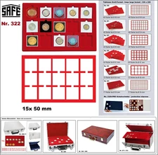 Coin trays-15x-50mm-square compartments-red safe 322 approx 330x220mm for coin holders