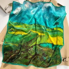 100% Silk 27" Square Scarf Women Kerchief Bandana Neckerchief Green Oil Paiting