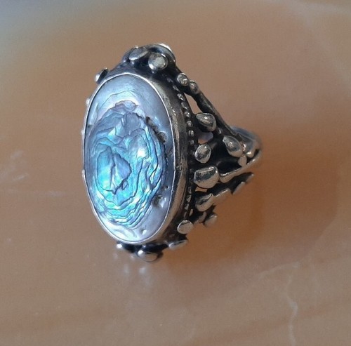 Ring Brutalist Sz 6.5 Sterling Silver 13g. Colorful & Cosmic Abalone MCM - Picture 8 of 15