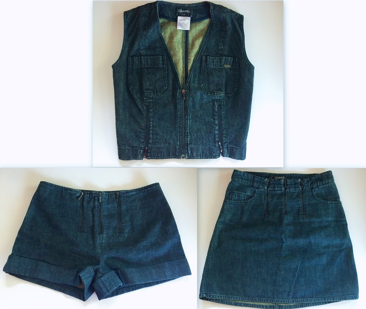 VINTAGE CHANEL RUNWAY SEXY DENIM SHORTS SKIRT & VEST TOP 3 PIECE 
