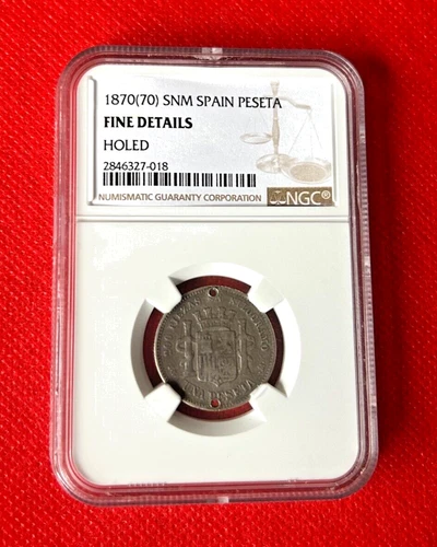 1870(70) SNM SPAIN PESETA NGC FINE DETAILS SILVER COIN HOLED