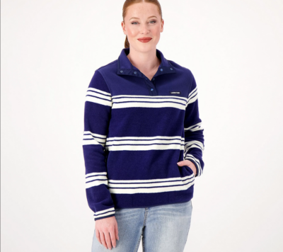 Lands' End Heritage Fleece Snap Neck Pullover-NavyIvory Stripe