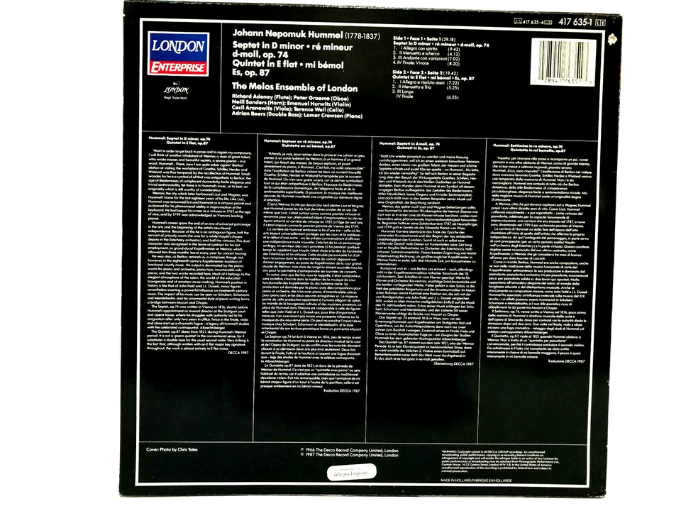 LP Hummel Septet Op.74 The Melos Ensemble of London Decca 417 635-1  - Image 2 of 2