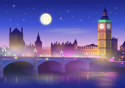 Wandbild: Big Ben und Westminster Bridge in London bei Nacht. [...]