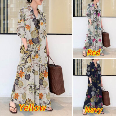 Womens Cotton Linen Shirt Dress Maxi Kaftan Casual Baggy Loose Long Tops Tunic