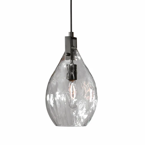 UTTERMOST 22049 CAMPESTER MATTE BLACK TEARDROP WATERED GLASS 1 LIGHT PENDANT - Picture 1 of 9