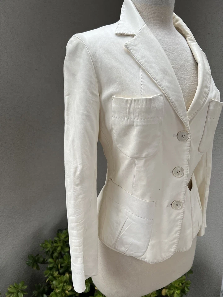 Chaqueta de Cuero Por Donna Karan Colección Marfil Piel de Cordero Blazer Talla 10 Foto 4 de 4