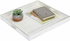 19-Inch Square Vintage White Wood Serving Tray with Cutout Handles, Set of 2