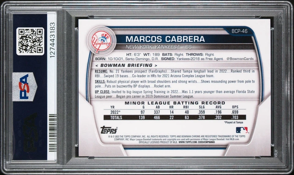 2023 BOWMAN MARCOS CABRERA /50 CHROME PROS-GOLD SHIMMER POP 4 PSA 10 - Image 2 of 4
