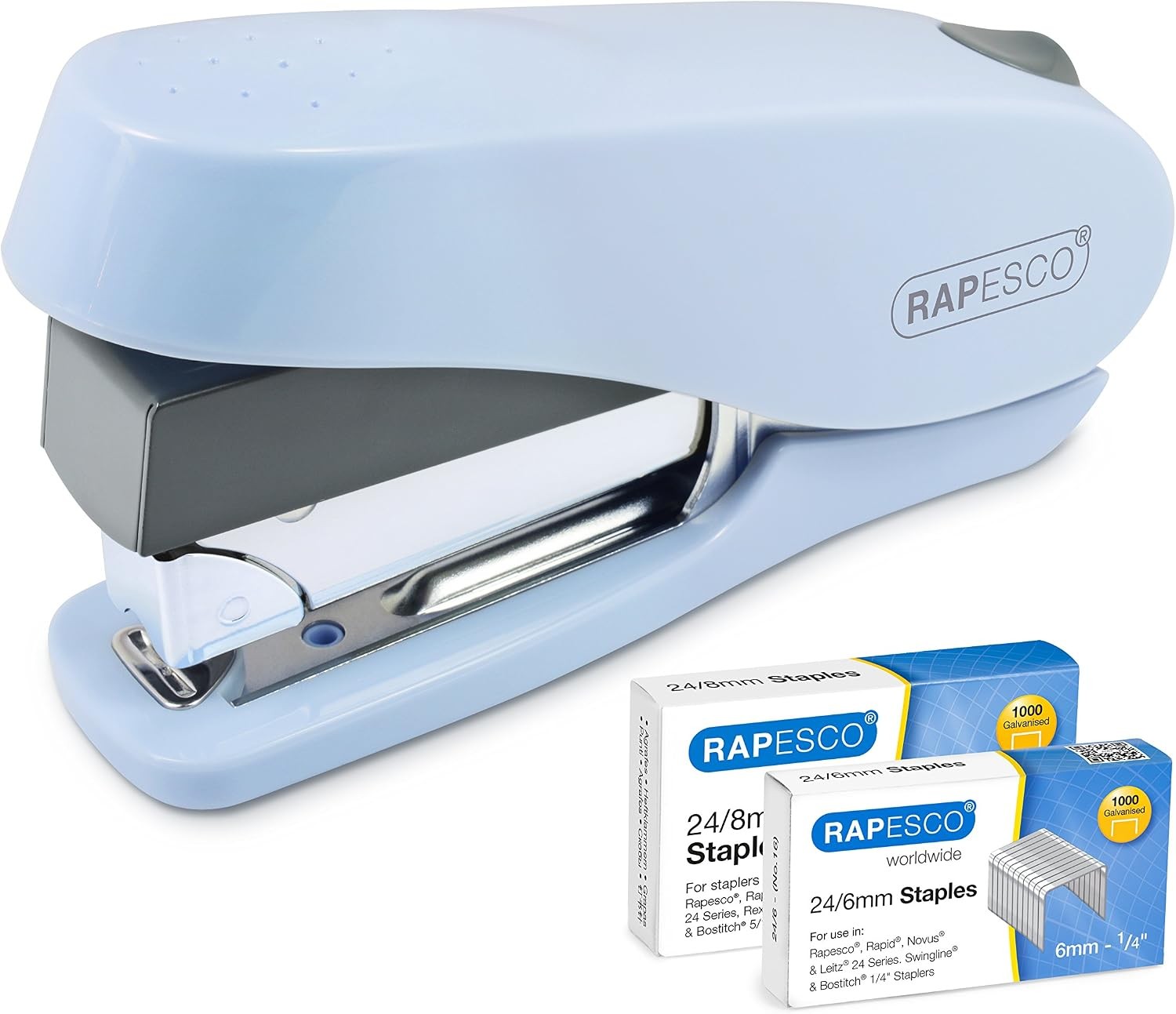 Desktop Stapler 50 Sheet Capacity with 2000 Staples, Powder Blue, Less Effort