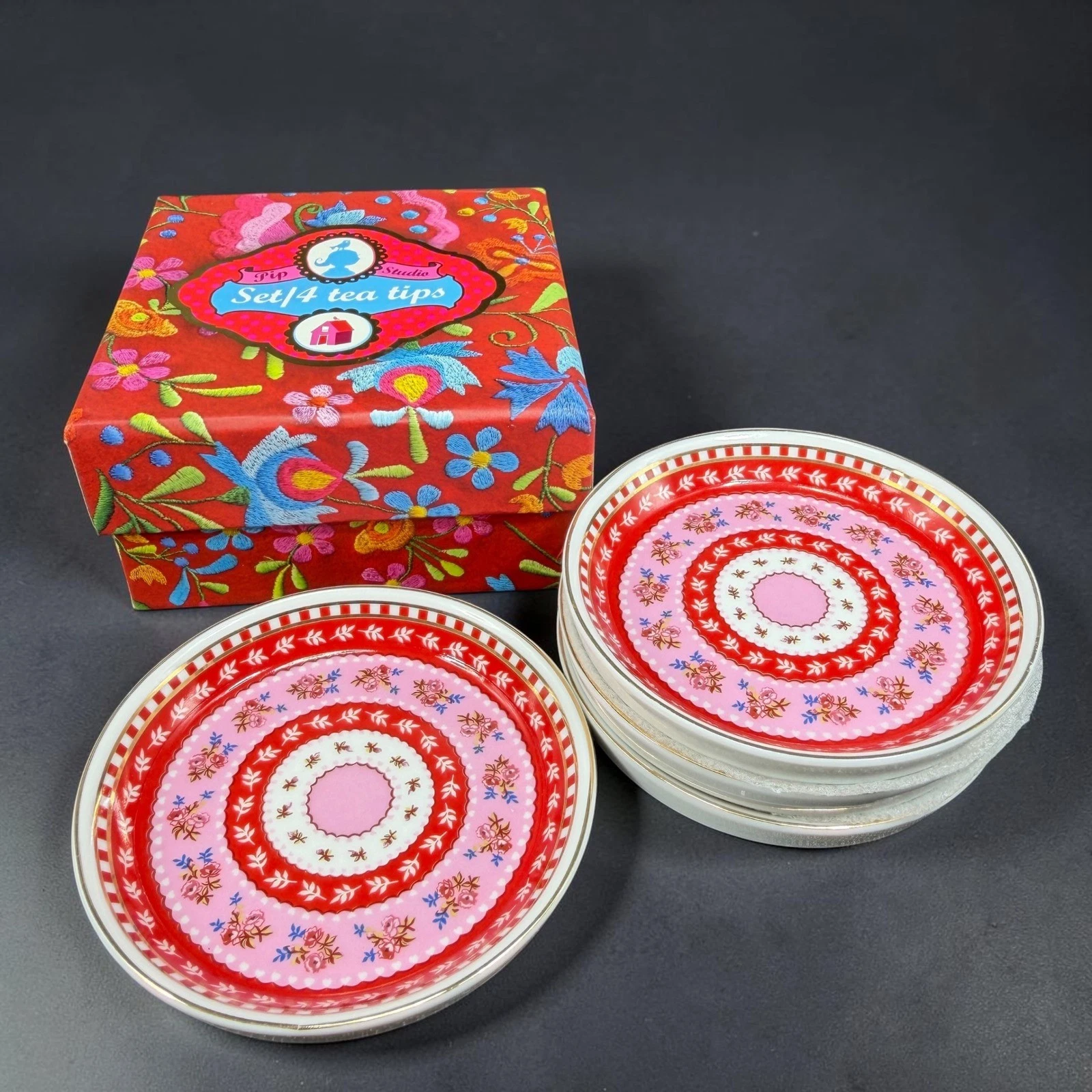 Pip Studio Tea Tips Set of 4 Porcelain Tea Bag Coasters Red Pink Floral Gift Box