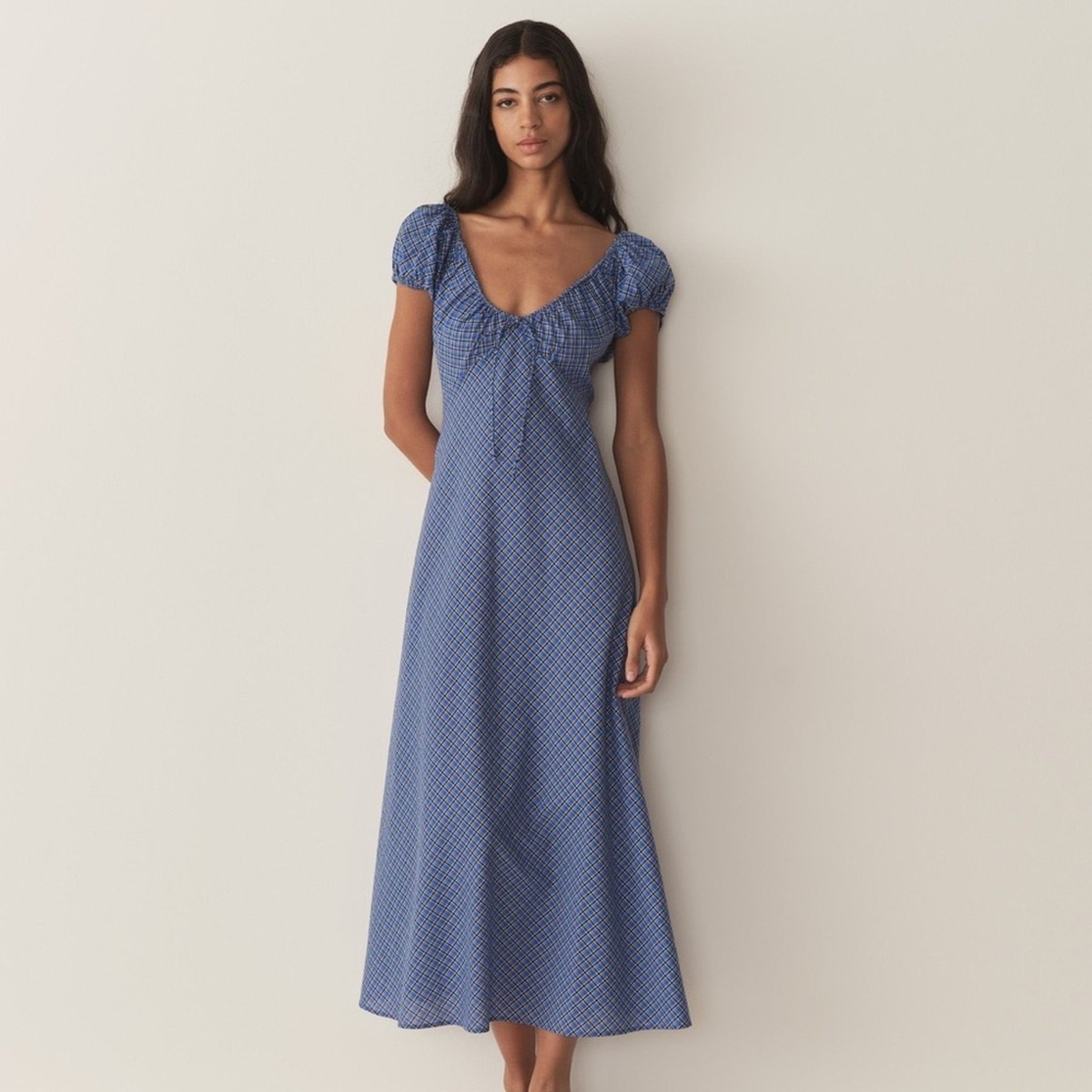doen blue plaid dress NWT Doen Sofia Cotton Puff Short Sleeve Midi Maxi Dress Cassis Check Blue  Plaid