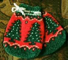 SET of 2 CHENILLE DRAWSTRING GIFT or WINE BAGS CHRISTMAS TREE DESIGN 6" X 5"