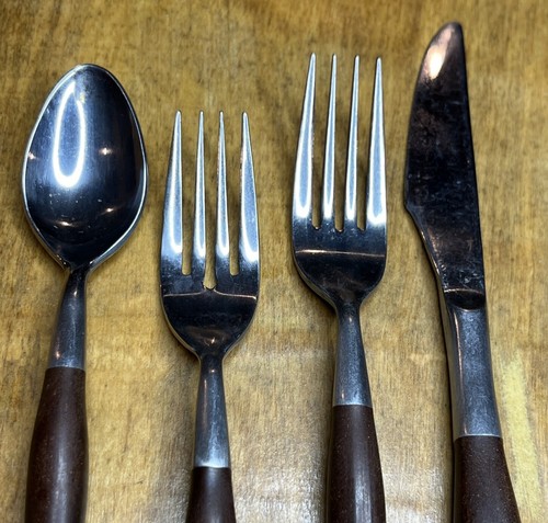 Vtg Ekco Eterna 60’s Flatware 4pc Stainless Silverware Steel Wood Handle Japan - Picture 4 of 15